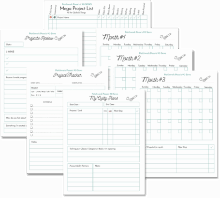 A set of printable project planning sheets for quilting, including a mega project list, monthly calendars, project tracker, progress review, and project plan forms&mdash;perfect for organizing your quilting projects and resources.