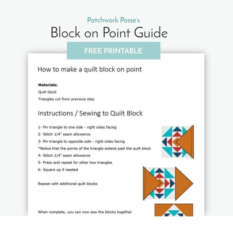 A preview of "Block on Point Guide" by Patchwork Posse, featuring quilting instructions, a materials list, and two diagram illustrations of colorful quilt blocks—a perfect addition to your quilting library. A "FREE PRINTABLE" label is at the top.