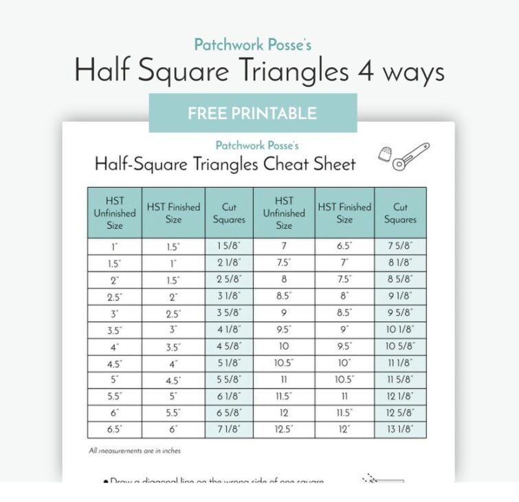 A chart titled "Half-Square Triangles Cheat Sheet" lists HST unfinished sizes, finished sizes, and corresponding cut square sizes for quilting; a light blue "Free Printable" label is above the chart—a must-have for your quilting library of resources.