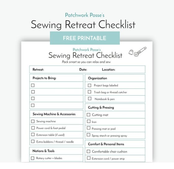 An illustrated sewing retreat checklist with categories like organization, quilting accessories, cutting, pressing, and personal items. The top banner says, “Patchwork Posse’s Sewing Retreat Checklist – Free Quilting Resources Printable.”.