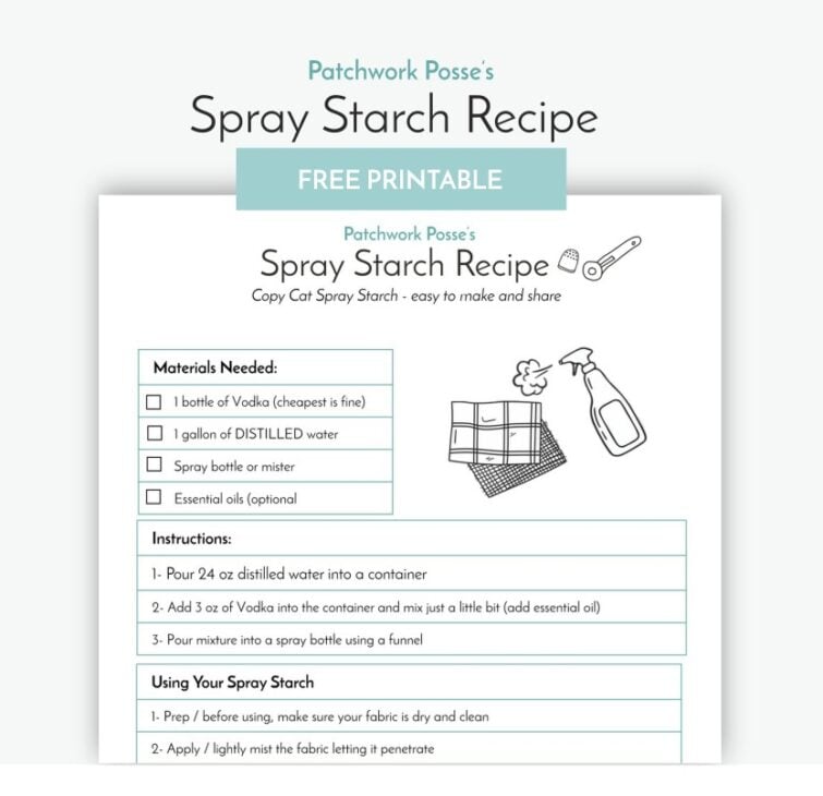 A printable recipe for making spray starch, perfect for your quilting projects. Featuring a materials list, instructions, and charming drawings, this page is a handy addition to your quilting library or favorite quilting resources.