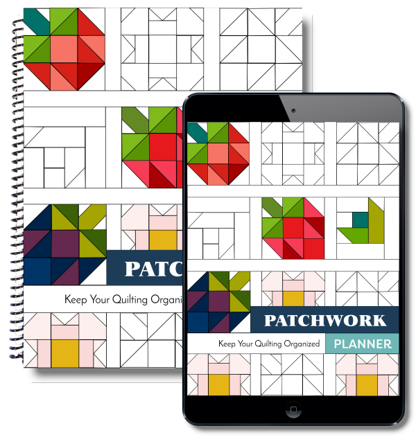 A spiral-bound patchwork quilting planner and a tablet displaying the same "PATCHWORK PLANNER: Keep Your Quilting Organized" cover, both with colorful geometric quilt block designs&mdash;perfect to Start Here on your quilting journey.