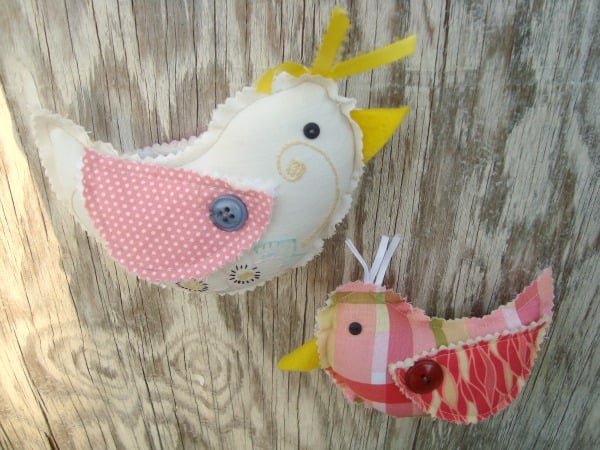 Easy Spring Chick Sewing Pattern – A Cute Scrap-Busting Project 4 two spring chick plushies with wings sewn on with buttons and scrappy hankies
