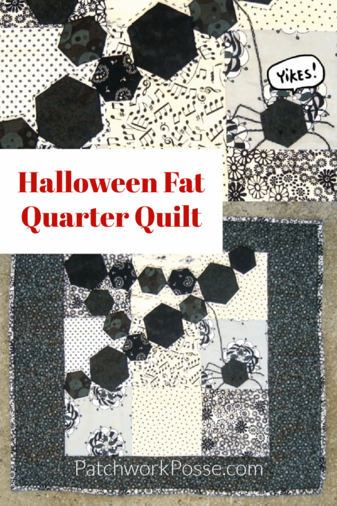 photo collage of the closeup with the spider saying "yikes". and the picture of the full quilt with the words "Halloween fat quarter quilt" in the middle  