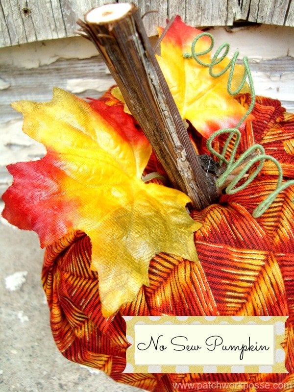 A fabric no sew pumpkin crafted from a festive fat quarter, adorned with autumn-colored leaves and stems in red, orange, and yellow hues. Featuring a "No Sew Pumpkin" label, its cozy design exudes a handmade fall charm perfect for Halloween décor. A fabric pumpkin crafted from a festive fat quarter, adorned with autumn-colored leaves and stems in red, orange, and yellow hues. Featuring a "No Sew Pumpkin" label, its cozy design exudes a handmade fall charm perfect for Halloween décor.
