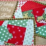 Two festive quilted Holiday Mug Rug sets in red, green, and white holiday fabrics with mitten and stocking appliqués. "Holiday Mug Rugs" text and a green stocking graphic appear in the top left corner. Made using Thermoweb for lasting quality.