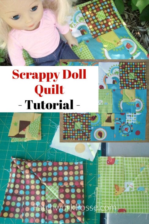 a collage of 3 different photos of the scrappy doll quilt. One with an american girl doll sitting on the quilt. another with a top view of the quilt. and a picture of the pieces of the quilt before they were sewn together.