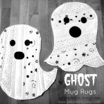 Discover free ghost mug rug patterns with charming black and white designs, including polka dots and abstract elements. Perfect for quilting enthusiasts, each ghost features a simple face with eyes and a mouth. Check out "Ghost Mug Rugs" on www.patchworkposse.com.