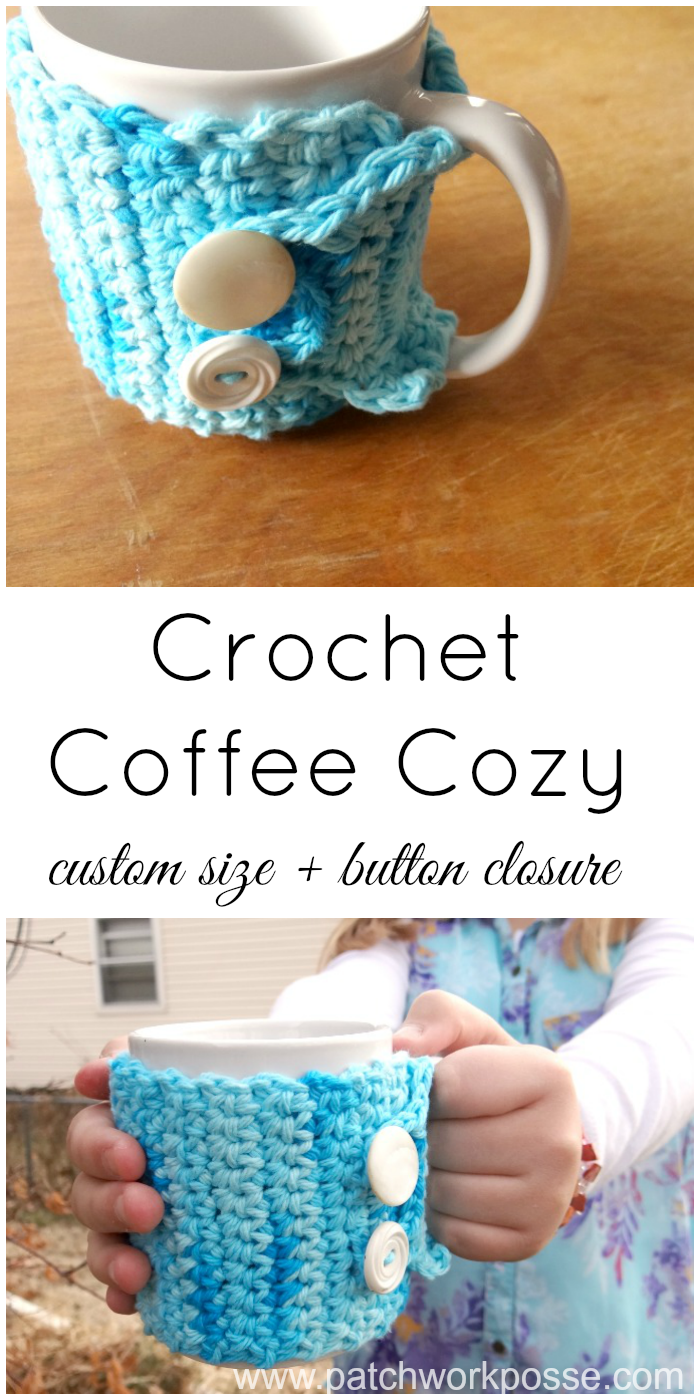 crochet coffee cozy tutorial with button closure