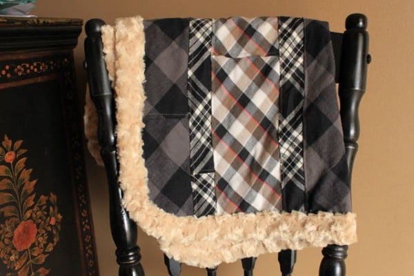 this baby quilt is more for boys - it's dark fabric with plaid and has a cream minky binding