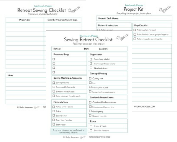 Three sewing-themed checklists labeled “Retreat Sewing Checklist,” “Sewing Retreat Checklist,” and “Project Kit,” each featuring organized sections, checkboxes, and icons of scissors and sewing needles—perfect tools to simplify your sewing retreat packing.