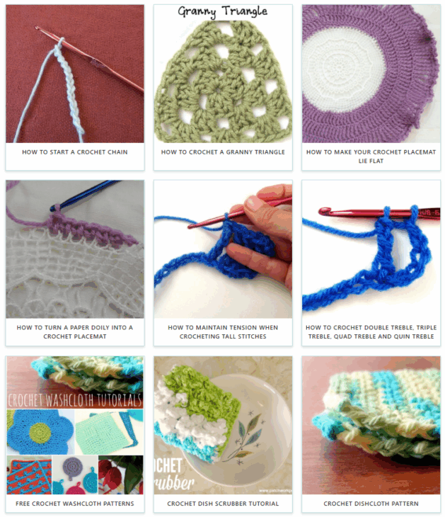 A collage of nine crochet tutorial images, each showing close-up steps like how to start a crochet chain or create beginner crochet stitches, plus finished items like granny triangles and colorful washcloths, with instructional text beneath each photo.