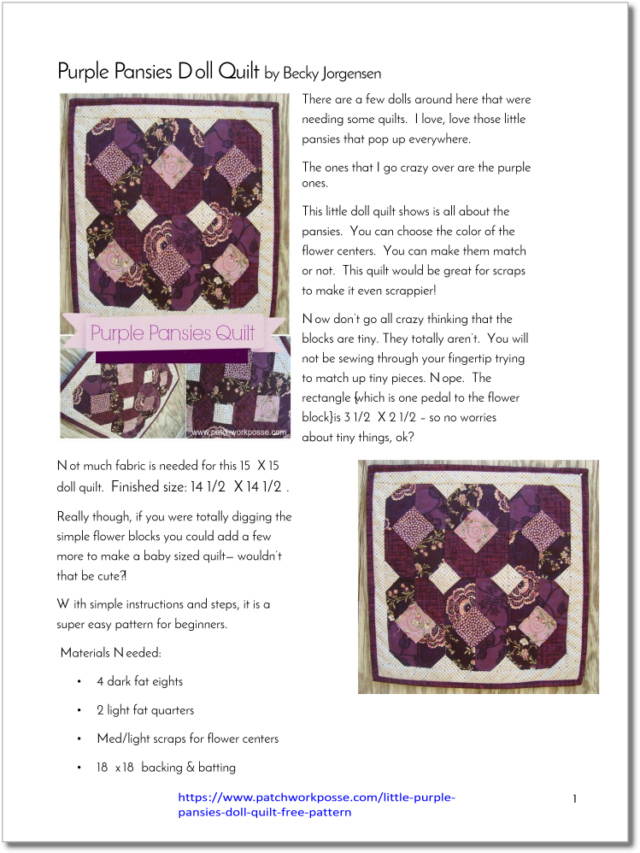 Little Purple Pansies Doll Quilt- Free pattern - Patchwork Posse