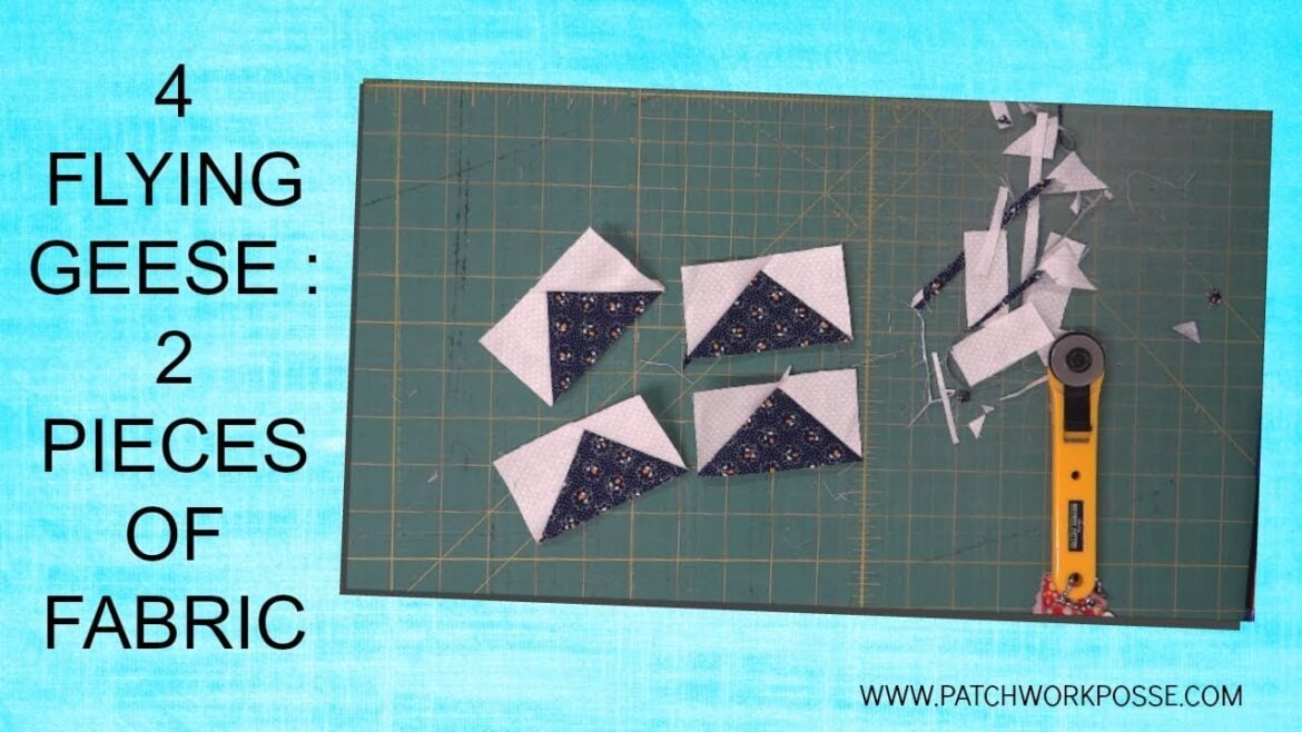 How to Use a Flying Geese Ruler for Faster, More Accurate Quilt Blocks 7 4 flying geese with 2 pieces of fabric. blue and white fabric geese are sitting on the cutting mat next to a rotary cutter