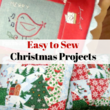 A stack of festive quilted pillows with delightful Christmas-themed designs, including birds, snowflakes, and Christmas trees. The text overlay reads, "Easy Sewing Projects for Christmas.