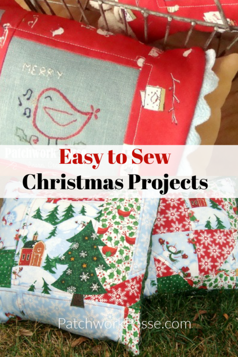 Christmas Sewing Projects: Let's Get Festive and Creative! 1 A stack of festive quilted pillows with delightful Christmas-themed designs, including birds, snowflakes, and Christmas trees. The text overlay reads, "Easy Sewing Projects for Christmas.