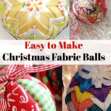 A collage of vibrant fabric Christmas balls, each displaying unique patterns and colors, with a text overlay that reads "Easy to Make Fabric Christmas Balls" and the website "PatchworkPosse.com" at the bottom.