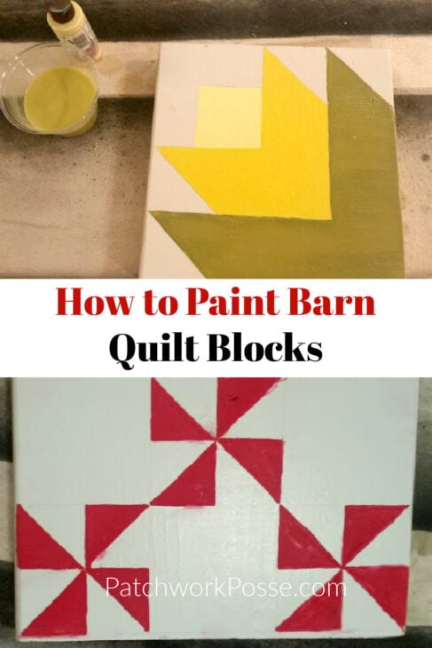 A tutorial image illustrating the process of creating barn quilt blocks. The top section features a yellow and green barn quilt block in progress, while the bottom showcases a finished red and white design. Text reads "How to Paint Barn Quilt Blocks.