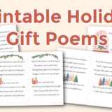 The image showcases festive holiday gift poems on cards adorned with decorative borders and charming illustrations. Perfect for gift giving, the light brown background highlights the bold text "Printable Holiday Gift Poems" prominently in the center, adding a special touch to these holiday card poems.