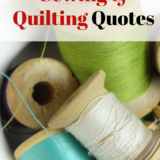 A close-up of several wooden spools of thread in green, white, and teal. Text overlay reads "Inspiring Sewing Quotes." The bottom text reads "Patchwork Posse.