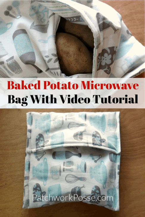 two photos of the baked potato microwave bag on a wood counter with the title "Baked potato microwave bag with video tutorial".