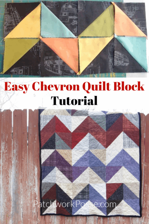 Easy Chevron Quilt Block Tutorial 21 2 photos of one of the chevron quilt blocks and the full chevron quilt hanging on a red fence. With the title "Easy chevron quilt block tutorial" on it.