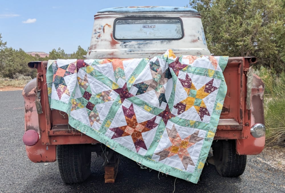 Free Eight Point Star Quilt Pattern 1 eight pointed star quilt on an old vintage car