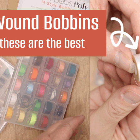 A hand holds a Pre-Wound Bobbin beside a box of colorful Pre-Wound Bobbins neatly arranged in two plastic cases. Text reads: "Pre-Wound Bobbins, yes, these are the best.