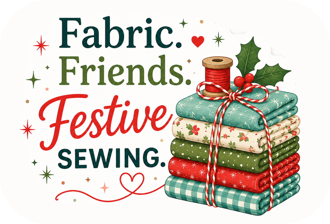 A festive stack of colorful folded fabric, topped with a spool of red thread and holly. Text reads: “Fabric. Friends. Festive. Sewing.” Decorative stars and hearts surround the arrangement, capturing the joyful spirit of a Quilt Retreat or Virtual Quilt Retreat where creativity and camaraderie come together.