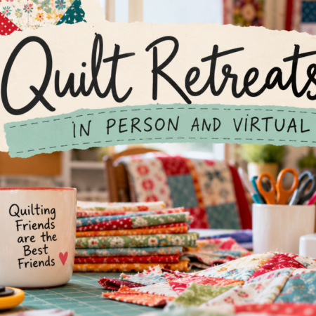 The text “Quilt Retreats IN PERSON AND VIRTUAL” sits above a desk featuring a “Quilting Friends are the Best Friends” mug, fabric stacks, and a sewing machine, highlighting options for in-person and virtual quilt retreats.