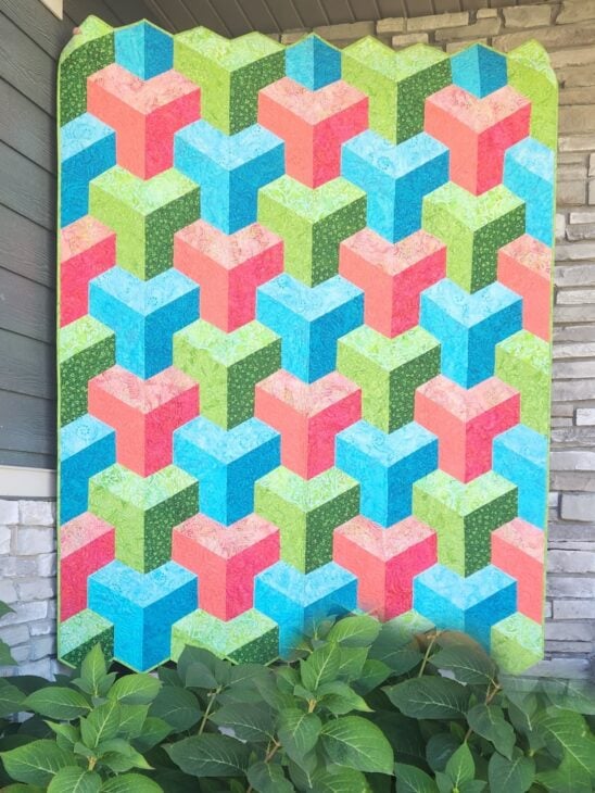 A colorful quilt with an optical illusion pattern of 3D cubes in green, blue, pink, and red hangs outside on a wall, its sewing edges neatly showcasing quilt finishing. Lush green plants sit below against gray stone and siding.