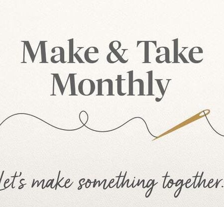 Text reads "Make and Take Monthly Membership" above an illustration of a curved black thread with a gold needle. Below is the phrase, "Let's make something together." The background is off-white and textured.