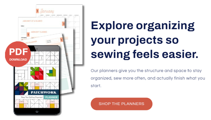 Quilt Tutorial - Rococo Gardens 5 A digital ad shows printable planner pages, a tablet with a colorful patchwork planner cover, and a red