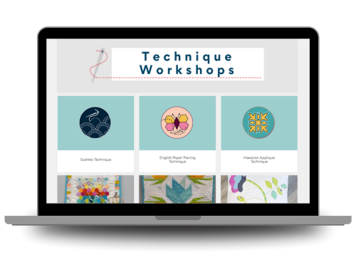 A laptop screen displays a webpage titled "Technique Workshops" with illustrated icons and labels for Sashiko, English Paper Piecing, and Hawaiian Appliqué techniques.
