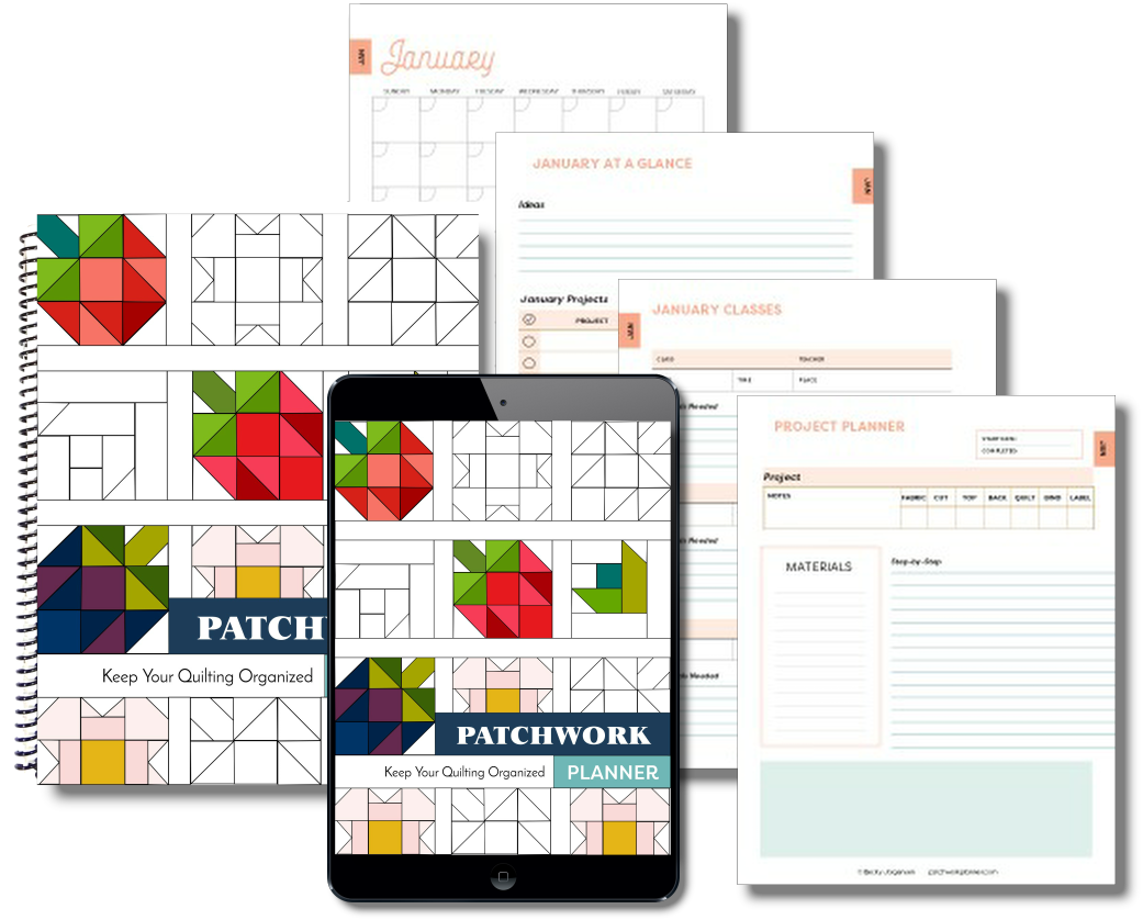 A patchwork quilting planner is shown in print and digital formats, surrounded by planner pages for calendars, classes, and project tracking, all decorated with colorful quilt block designs.