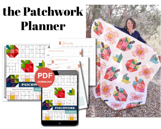 A smiling woman holds a colorful patchwork quilt outdoors. In the foreground are pages from the Patchwork Planner, including a tablet, worksheets, and a red "PDF Download" label. Text reads "the Patchwork Planner.
