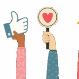 Six hands of various skin tones and shirt patterns hold up icons—stars, hearts, thumbs up—reflecting teamwork and unity, perfect for inspiring New Year goals or annual planning on a light background.