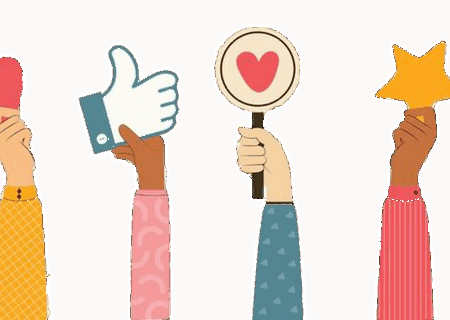 Six hands of various skin tones and shirt patterns hold up icons—stars, hearts, thumbs up—reflecting teamwork and unity, perfect for inspiring New Year goals or annual planning on a light background.