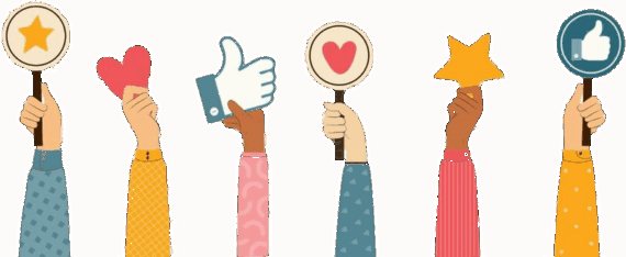 Six hands of various skin tones and shirt patterns hold up icons&mdash;stars, hearts, thumbs up&mdash;reflecting teamwork and unity, perfect for inspiring New Year goals or annual planning on a light background.