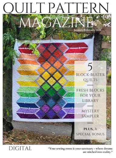 Cover of Quilt Pattern Magazine&rsquo;s new issue, featuring a colorful diamond-patterned quilt hanging outdoors. Highlights include &ldquo;5 Block-Buster Quilts&rdquo; and &ldquo;Fresh Blocks for Your Library.&rdquo; January/February 2026 edition.