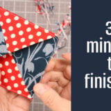 A person holds a folded fabric corner bookmark with red polka dot and blue floral patterns. Text beside reads, "30 minutes to finished!" A cutting mat and fabric scraps are in the background, making this a perfect 30 minute project.