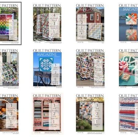 Twelve covers of Quilt Pattern Magazine, each showcasing a different colorful quilt design. Each New Issue highlights a variety of quilt patterns and creative projects featured inside.