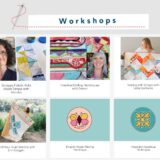 A collage of six quilting workshop previews, each with an image and title, featuring instructors, colorful quilts, and icons for English paper piecing and Hawaiian applique techniques. The heading reads "Workshops.