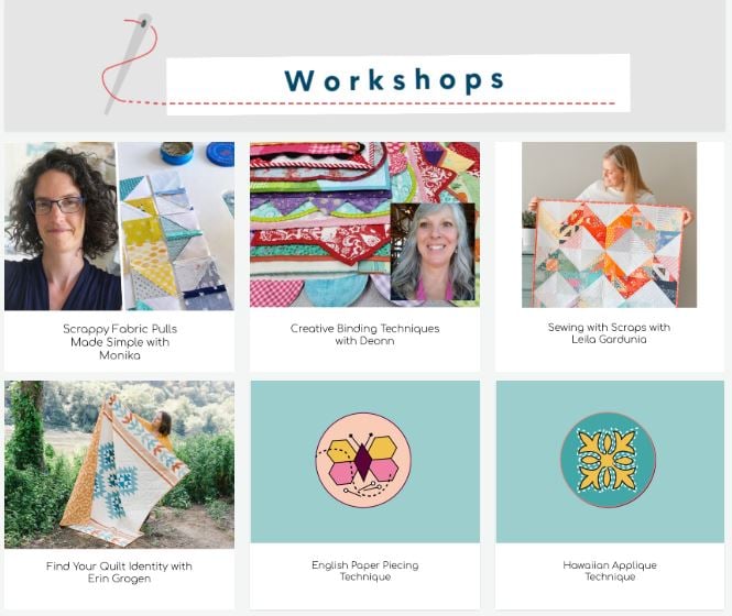 A collage of six quilting workshop previews, each with an image and title, featuring instructors, colorful quilts, and icons for English paper piecing and Hawaiian applique techniques. The heading reads "Workshops.