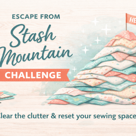 A pile of colorful fabric pieces stacked like a mountain with a "HELP!" flag, sewing supplies, and text that reads: “Escape from Stash Mountain Challenge. Clear the clutter & reset your sewing space with heart projects or quilts to sew.”.