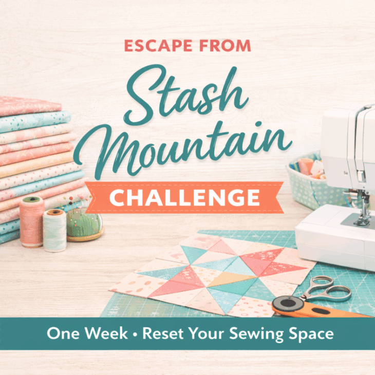 A sewing workspace with stacked fabric, thread spools, a quilt block, scissors, and a sewing machine. Text reads: "Escape from Stash Mountain Challenge. One Week &bull; Reset Your Sewing Space.