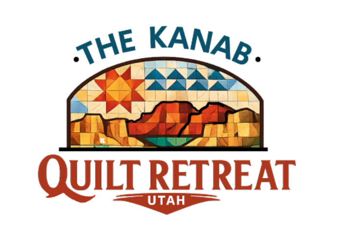 Logo for "The Kanab Quilt Retreat Utah" featuring a quilt pattern with a red star, blue triangles, and canyon landscape in warm colors, all enclosed in an arch shape&mdash;celebrating the spirit of Quilt Retreats in Southern Utah.