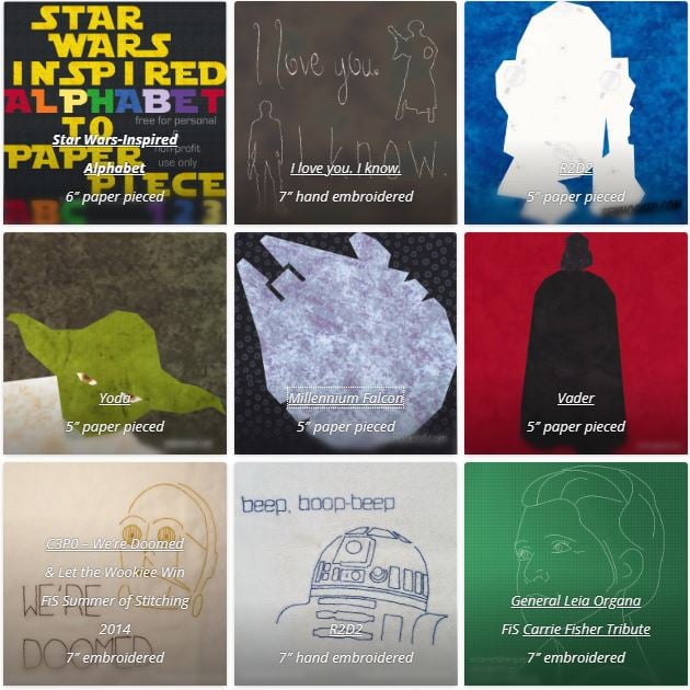 A 3x3 grid of Star Wars-themed quilt blocks, featuring images and silhouettes of characters, ships, and text. Each block is labeled with the pattern name and sewing technique&mdash;perfect quilt projects for Star Wars fans using unique Star Wars sewing patterns.