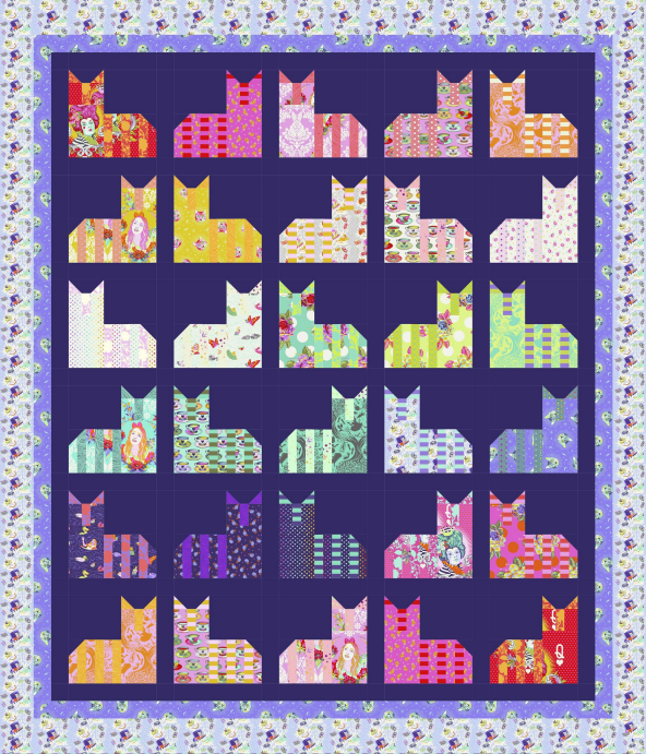 This vibrant cat quilt showcases twenty-five patchwork cats in lively patterns on a dark blue background, framed by a floral border on a light blue edge.