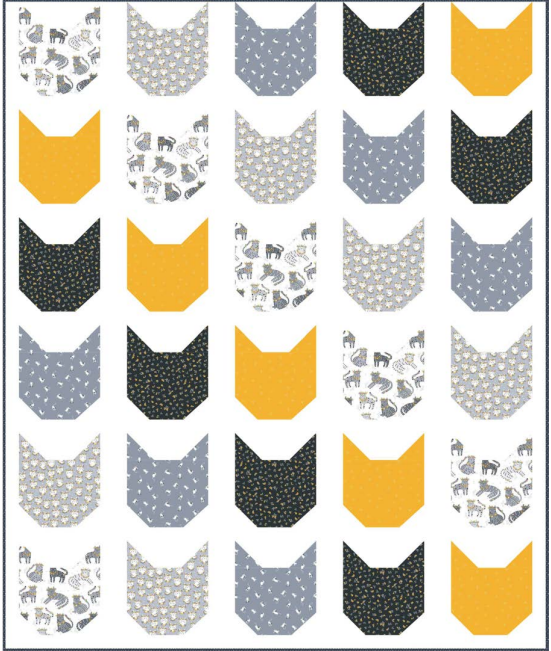 A grid of stylized cat-head shapes forms a playful cat quilt in yellow, grey, black, and white with varied patterns&mdash;polka dots, birds, and animal illustrations&mdash;arranged in alternating rows on a crisp white background.